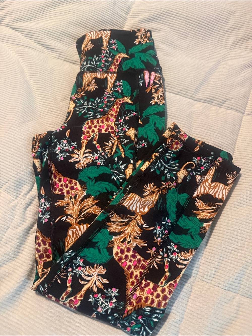 Lilly Pulitzer Black Leggings with Green Leaves, Pink & Gold Accents